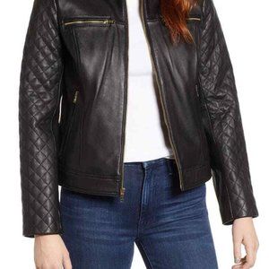 COLE HAAN Quilted Lambskin Leather Moto Jacket Black